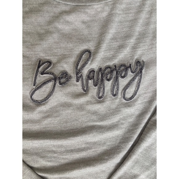 Gray "Be Happy" Embroidered Long Sleeve Tie Hem Pullover Sweatshirt Women's M - Picture 2 of 3